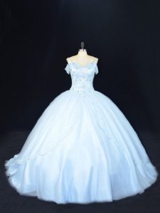 Off The Shoulder Sleeveless Sweet 16 Quinceanera Dress Court Train Beading Blue Tulle