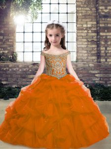 Orange Red Organza Lace Up Kids Pageant Dress Sleeveless Floor Length Beading