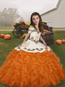 Sweet Organza Straps Sleeveless Lace Up Embroidery and Ruffles Pageant Gowns For Girls in Orange