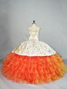 Custom Fit Orange Sleeveless Embroidery and Ruffles Floor Length 15 Quinceanera Dress