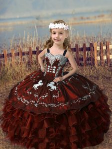 Beautiful Rust Red Straps Neckline Embroidery and Ruffled Layers Winning Pageant Gowns Sleeveless Lace Up