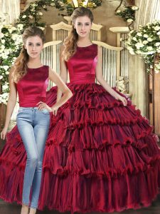 Scoop Sleeveless Lace Up Quince Ball Gowns Wine Red Organza