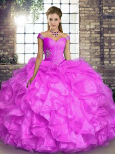 Organza Off The Shoulder Sleeveless Lace Up Beading and Ruffles Sweet 16 Dresses in Lilac
