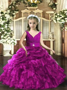 Sleeveless Organza Floor Length Backless Pageant Gowns For Girls in Purple with Beading and Ruffles and Ruching