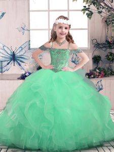 Beauteous Off The Shoulder Sleeveless Lace Up Custom Made Pageant Dress Apple Green Tulle