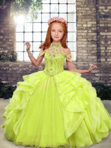Sleeveless Organza Floor Length Lace Up Pageant Dress Wholesale in Yellow Green with Beading