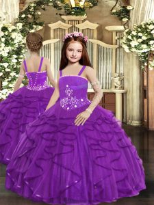 Purple Tulle Lace Up Straps Sleeveless Floor Length Pageant Dress Wholesale Ruffles