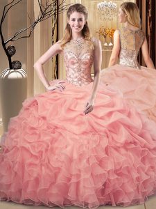 Peach Organza Zipper Ball Gown Prom Dress Sleeveless Floor Length Beading and Ruffles
