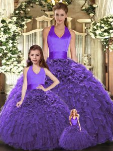 Floor Length Lace Up Sweet 16 Dresses Purple for Sweet 16 and Quinceanera with Ruffles