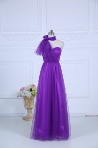 Best Halter Top Sleeveless Dama Dress for Quinceanera Floor Length Ruching Eggplant Purple Tulle