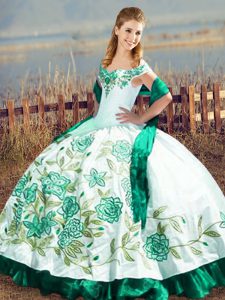 Sleeveless Floor Length Embroidery and Ruffles Lace Up Ball Gown Prom Dress with Green