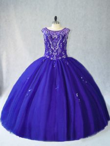 Royal Blue Ball Gowns Tulle Scoop Sleeveless Beading Floor Length Lace Up Ball Gown Prom Dress
