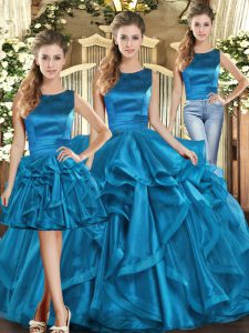 Unique Three Pieces Sweet 16 Dress Teal Scoop Organza Sleeveless Floor Length Lace Up