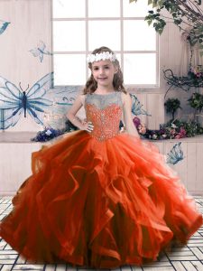 Rust Red Lace Up Scoop Beading Little Girls Pageant Gowns Tulle Sleeveless