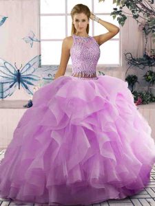 Fitting Lilac Scoop Neckline Beading and Ruffles 15 Quinceanera Dress Sleeveless Lace Up