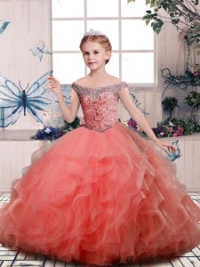Off The Shoulder Sleeveless Lace Up Little Girls Pageant Gowns Peach Tulle