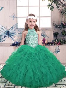 Edgy Green High-neck Lace Up Beading and Ruffles Pageant Dress for Womens Sleeveless