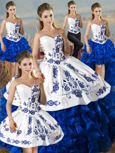 Sweetheart Sleeveless 15 Quinceanera Dress Floor Length Embroidery and Ruffles Blue And White Organza