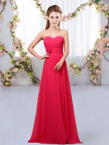 Floor Length Lace Up Vestidos de Damas Hot Pink and In with Hand Made Flower