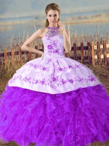 Deluxe Court Train Ball Gowns Sweet 16 Quinceanera Dress Purple Halter Top Organza Sleeveless Floor Length Lace Up
