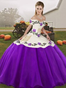 Ideal Sleeveless Floor Length Embroidery Lace Up Quinceanera Gowns with White And Purple
