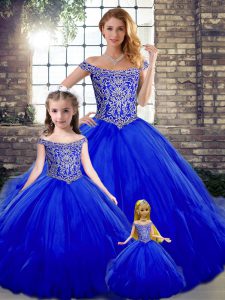 Most Popular Royal Blue Ball Gowns Off The Shoulder Sleeveless Tulle Floor Length Lace Up Beading and Ruffles Quinceanera Dresses
