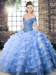 Sleeveless Organza Brush Train Lace Up Quinceanera Gowns in Blue with Beading and Ruffled Layers