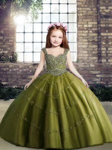 Most Popular Olive Green Lace Up Little Girl Pageant Gowns Beading Sleeveless Floor Length