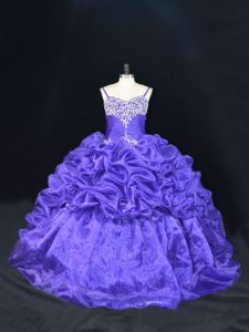 Purple Ball Gowns Beading and Pick Ups Sweet 16 Dress Lace Up Organza Sleeveless