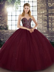 Sleeveless Floor Length Beading Lace Up Ball Gown Prom Dress with Burgundy