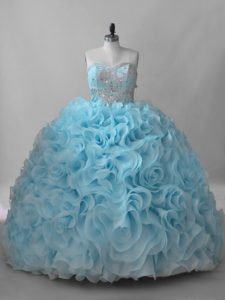 On Sale Baby Blue Fabric With Rolling Flowers Lace Up Quince Ball Gowns Sleeveless Brush Train Beading