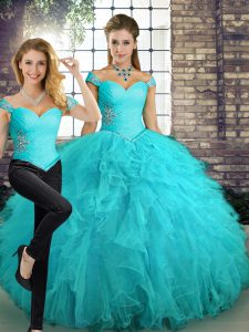 Edgy Off The Shoulder Sleeveless Lace Up 15th Birthday Dress Aqua Blue Tulle