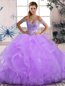Flirting Floor Length Lace Up Vestidos de Quinceanera Lavender for Sweet 16 and Quinceanera with Beading and Ruffles