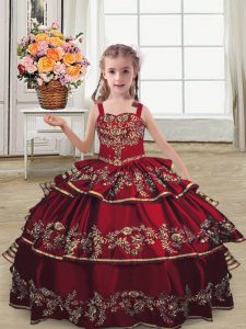 On Sale Burgundy Sleeveless Embroidery and Ruffled Layers Floor Length Girls Pageant Dresses