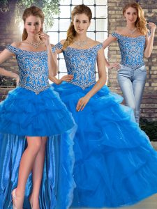 Off The Shoulder Sleeveless 15th Birthday Dress Brush Train Beading and Pick Ups Blue Tulle