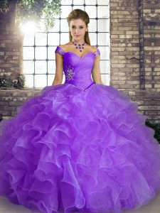 Lavender Organza Lace Up Off The Shoulder Sleeveless Floor Length Sweet 16 Dresses Beading and Ruffles