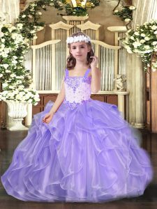 Lavender Ball Gowns Organza Straps Sleeveless Beading and Ruffles Floor Length Lace Up Pageant Dress Wholesale