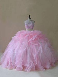 Organza Halter Top Sleeveless Brush Train Lace Up Ruffles Quinceanera Dresses in Baby Pink