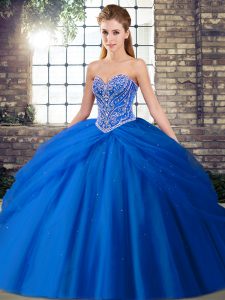 Blue Sweetheart Lace Up Beading and Pick Ups Quinceanera Dress Brush Train Sleeveless