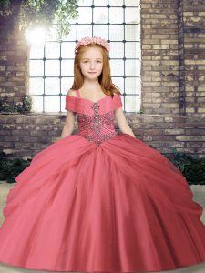 Customized Watermelon Red Lace Up Little Girls Pageant Dress Wholesale Beading Sleeveless Floor Length