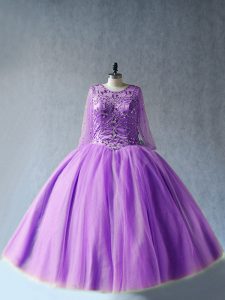 Flirting Lavender Lace Up Scoop Beading 15th Birthday Dress Tulle Long Sleeves