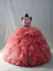 Glorious Scoop Sleeveless Brush Train Zipper Quince Ball Gowns Watermelon Red Organza