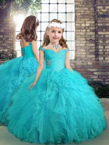 Aqua Blue Pageant Gowns For Girls Party and Wedding Party with Beading and Ruffles Straps Sleeveless Lace Up