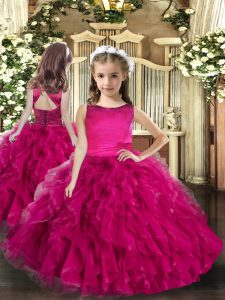 Enchanting Floor Length Lace Up Pageant Gowns For Girls Fuchsia for Party and Sweet 16 and Wedding Party with Ruffles