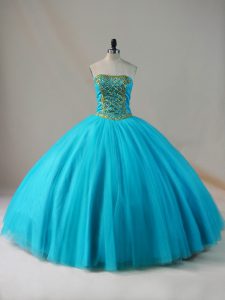 Sleeveless Tulle Floor Length Lace Up Quinceanera Dress in Blue with Beading