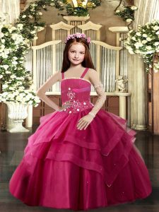 Customized Red Lace Up Straps Beading Little Girls Pageant Dress Tulle Sleeveless