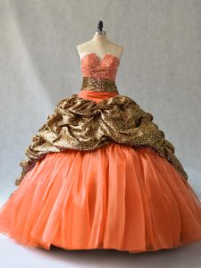 Top Selling Orange Organza and Printed Lace Up V-neck Sleeveless 15 Quinceanera Dress Brush Train Beading and Pick Ups