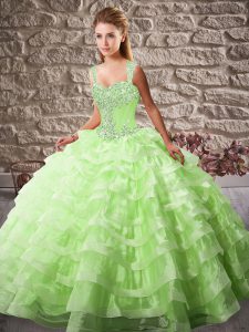 Popular Sleeveless Organza Court Train Lace Up Vestidos de Quinceanera in with Beading and Ruffled Layers