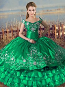 Custom Fit Green Lace Up Off The Shoulder Embroidery and Ruffled Layers Quinceanera Gowns Organza Sleeveless