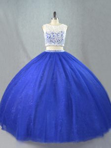 Custom Designed Tulle Scoop Sleeveless Zipper Lace Sweet 16 Quinceanera Dress in Royal Blue